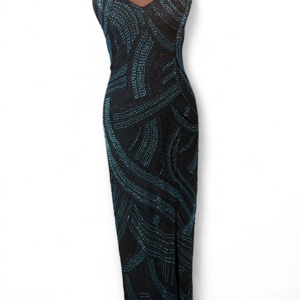 Vintage Y2K Avanti Designs Black & Blue Beaded Art Deco Evening Gown Size 4 - Picture 2 of 7